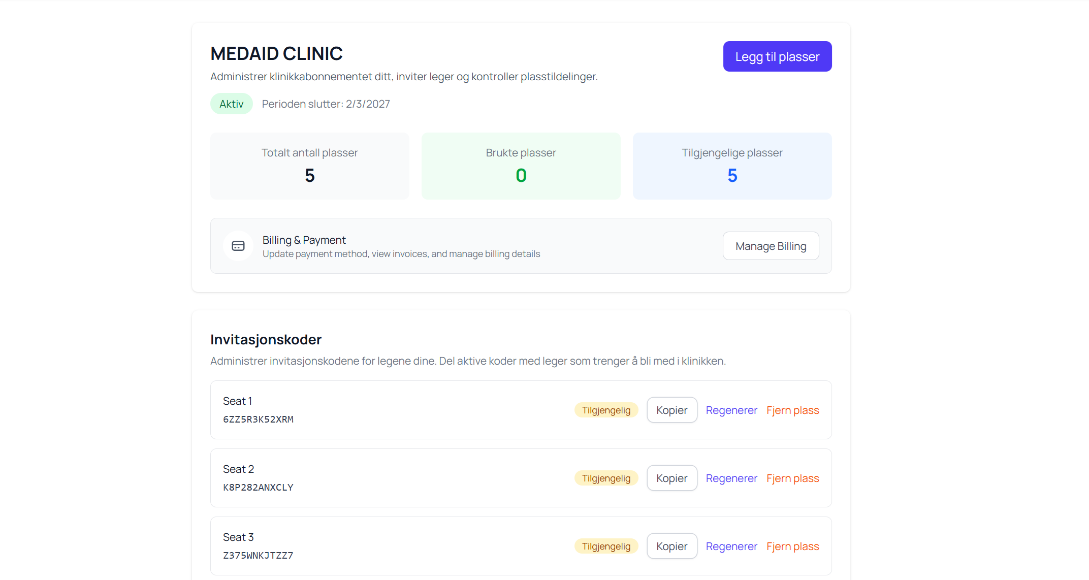 Klinikkstyring og abonnement
